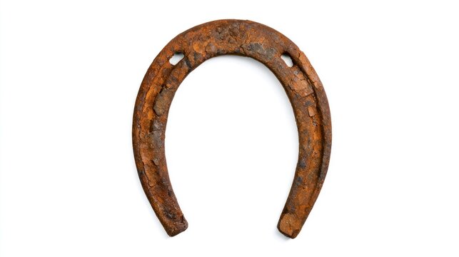 Antique rusty horseshoe isolated on a white background, a traditional symbol of good luck and fortune.