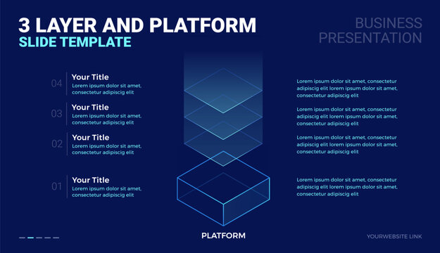 3 layer architecture and platform futuristic tech diagram template with space for text - modern business technology slide infographic template for corporate presentations - dark blue background vector