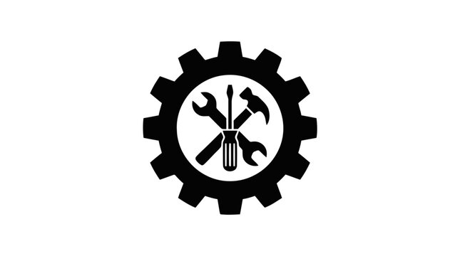 Vector illustration of gear icon with crossed tools like hammer, wrench and screwdriver on a transparent background