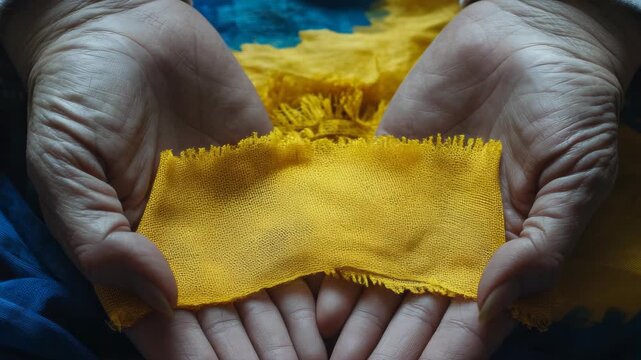 A close-up of a person with wrinkled skin and age spots on their hands, holding squares of bright yellow fabric. The focus is on the texture of the fabric and the person's weathered hands.
