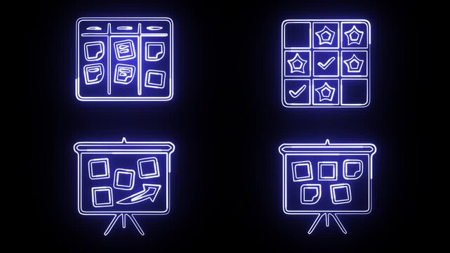 Neon icon set 4K loop animations on black background. Kanban retro board, competency skill matrix checklist grid, strategy canvas arrow and presentation planning boards.