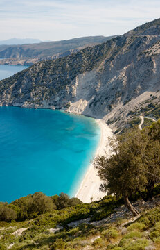 Panoramic view of Myrtos Beach with turquoise water, Kefalonia, Greece