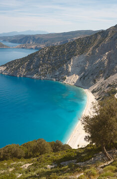 Panoramic view of Myrtos Beach with turquoise water, Kefalonia, Greece