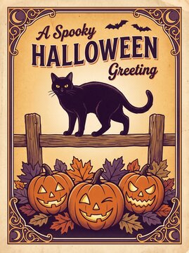 Vintage Halloween greeting card with black cat and pumpkins