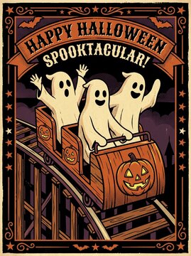 Vintage Halloween ghost roller coaster poster