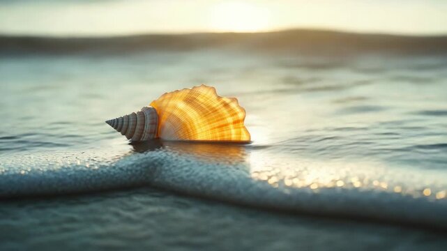 A seashell on a surface during sunset, casting light on the shell.