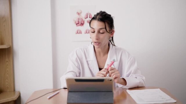 Young latina doctor providing online medical consultation on a tablet