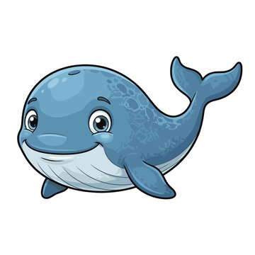 Cute cartoon whale smiling in playful pose on white background  