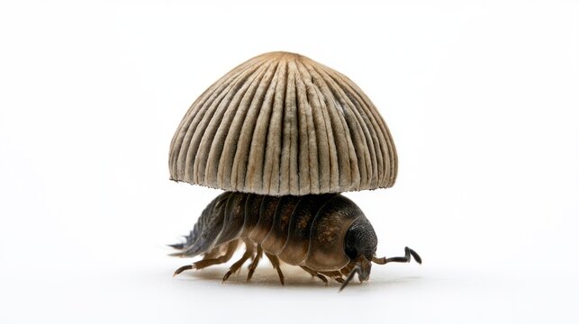 Whimsical macro shot of a woodlouse isopod wearing a mushroom cap like a hat on a white background