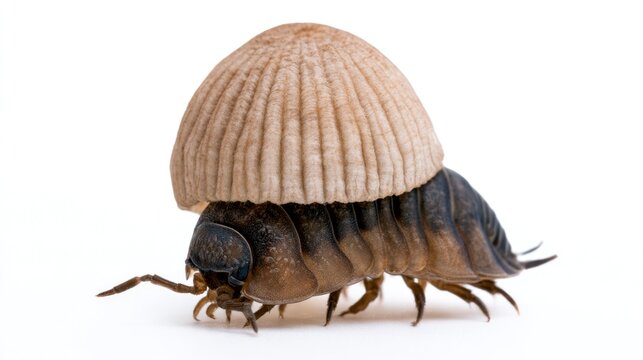 Surreal pill bug isopod wearing a textured mushroom cap shell isolated on white