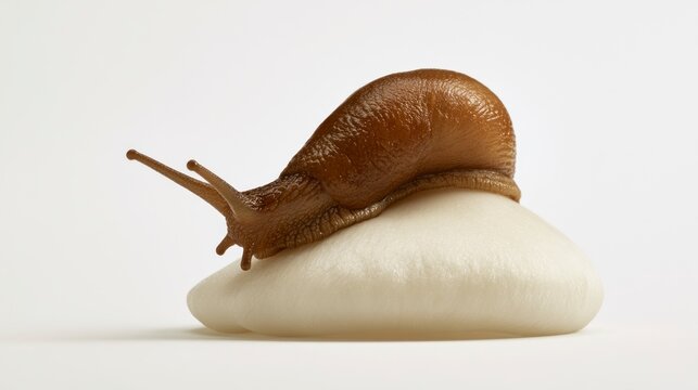 Macro Shot of a Brown Slug Crawling on a Soft White Object Isolated on White Background
