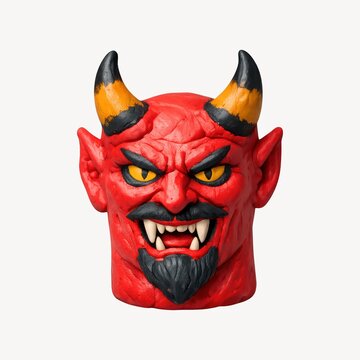 Red devil mask with horns, sharp teeth, and a goatee on a white background.