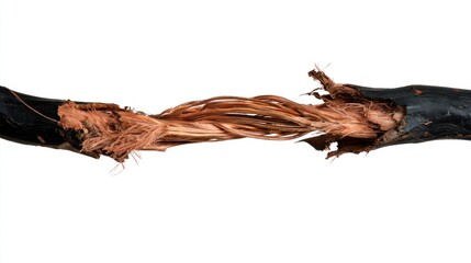 Fototapeta premium Damaged electrical cable with frayed and exposed copper wires isolated on white background