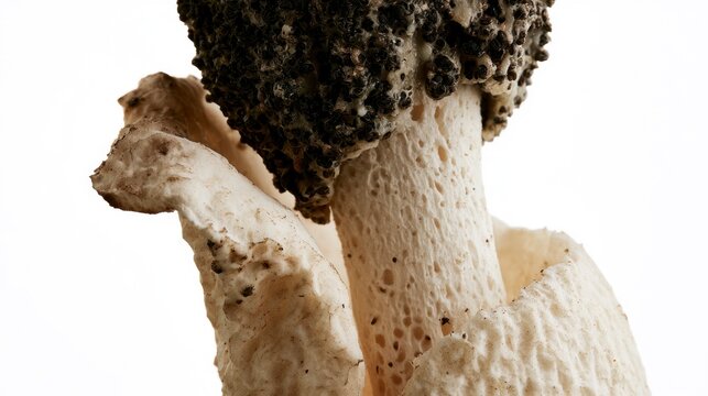 Macro shot of a Common Stinkhorn (Phallus impudicus) mushroom against a white background