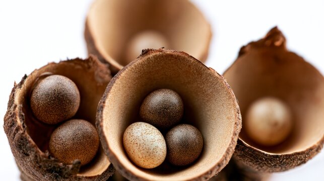 Macro close-up of bird's nest fungus (Cyathus) with peridioles resembling eggs in a nest on a white background