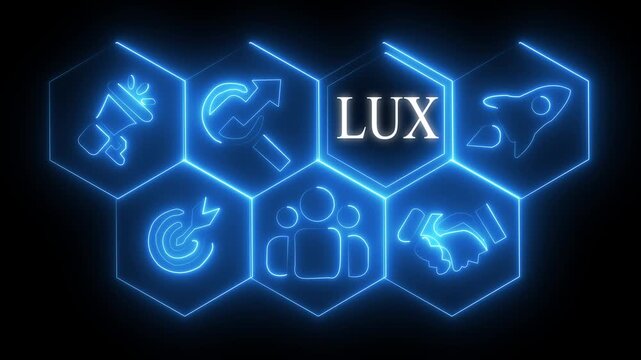 Futuristic Neon Business Technology Icons Set with SQL Analytics Rocket Team and Handshake Animation