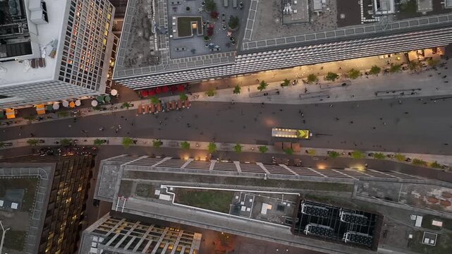 twilight time illumination zurich city center modern office rooftop exterior walking street aerial topdown panorama 4k switzerland       