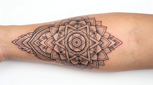 Arm tattoo template with intricate geometric mandala design