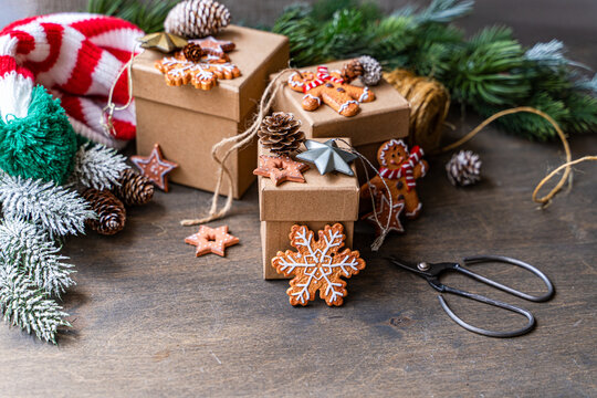 Holiday gift boxes adorned with festive decor