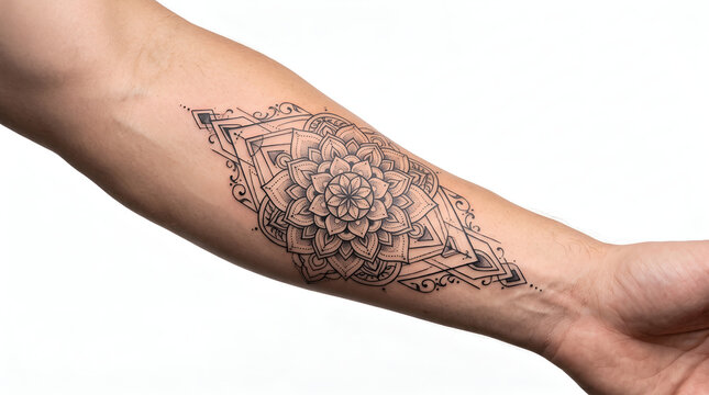 Intricate mandala arm tattoo template on a human forearm