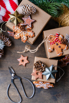 Christmas gift boxes with festive decorations