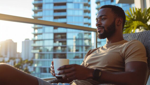 Caf&eacute; matutino en una terraza urbana moderna