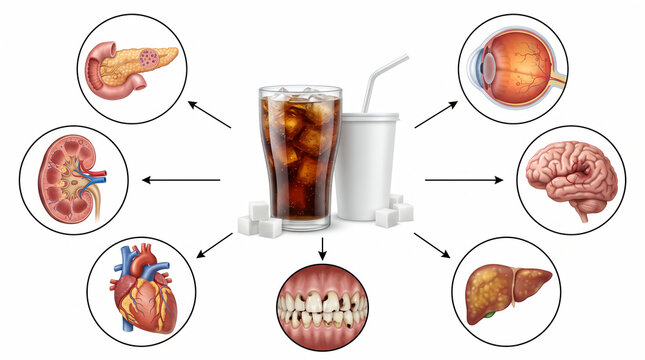 Sugary Drink Consumption Damages Multiple Human Organs Medical Healthcare Concept with Anatomical Callouts