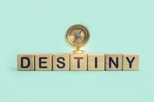 Wooden Blocks Spelling Destiny with a Golden Compass Representing Future Life Choices and Personal Growth Guidance