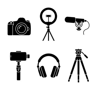 Vlogging Gear Icons, Video Production Equipment Set, Digital Content Creation Tools, Social Media Streaming Accessories, Black and White Vector Graphics