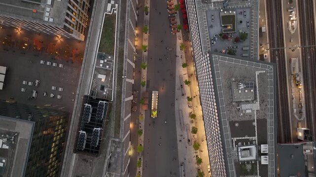 twilight time illuminated zurich city center modern office rooftop exterior walking street aerial topdown panorama 4k switzerland       