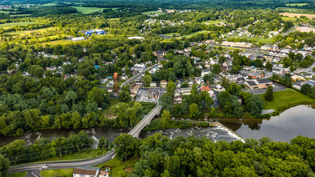 Shawangunk, NY, USA - July 29, 2026. Aerial image of the Hamlet of Wallkill in the Town of Shawangunk NY, Ulster County, on a partly cloudy summer afternoon.	
