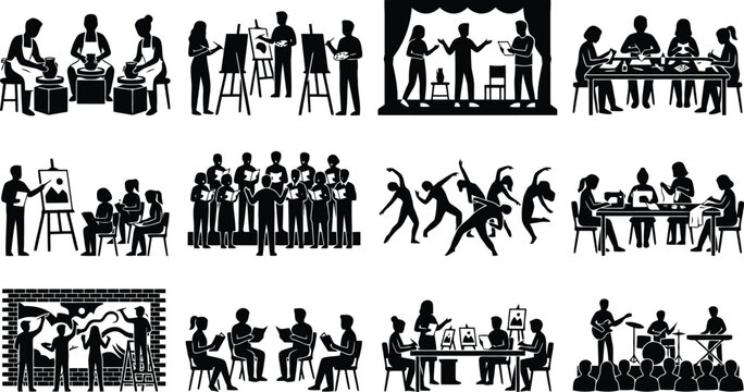 A collection of black silhouette depicting various artistic and educational activities like painting, pottery, music, and theater classes