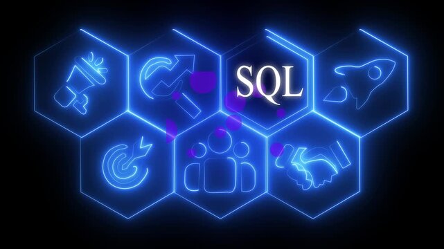 Glowing neon line Product Transfer concept button on a futuristic computer screen. technology background with SQL map icon, Business.4k video..