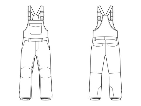Bib Overalls Dungarees Flat Technical Drawing Illustration Cargo Pocket Classic Mock-up Template for Design and Tech Packs CAD Outdoor Transparent Background
