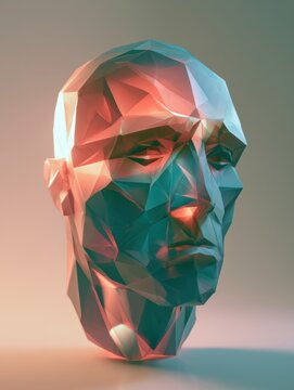 A 3D low poly head form shows a gradient glow from coral to teal in a neutral backdrop.