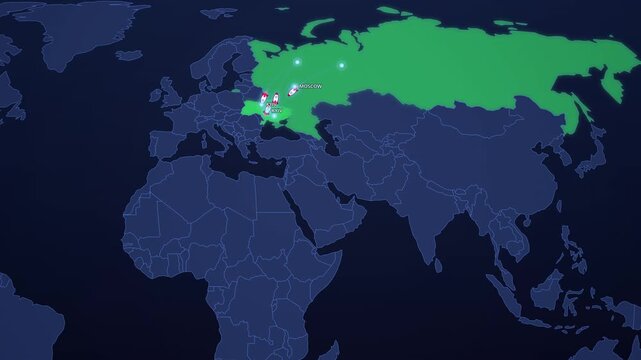 Missile Exchange Between Ukraine and Russia on Dark Blue World Map, Kyiv Moscow Conflict Animated Motion Graphics Seamless Loop, 4K