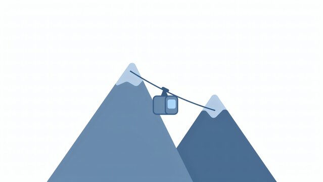 Minimalist vector illustration featuring cable car moving between two snowy mountain peaks against clean white background