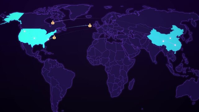 Money Flow Between USA and China on Dark Purple World Map, Animated Finance Transfer Motion Graphics Seamless Loop, 4K