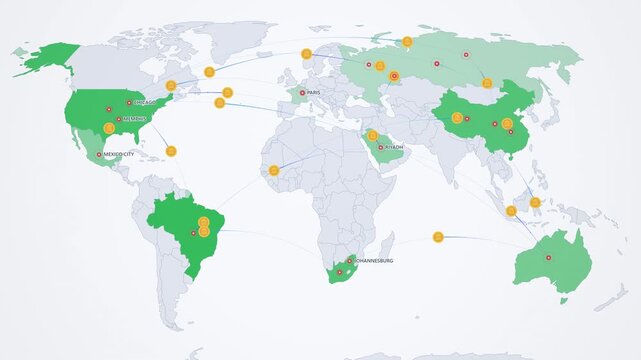 Global Money Transfer on Light World Map, Bank Icons Animated Finance Flow Motion Graphics Seamless Loop, 4K