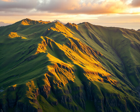 Cha&icirc;ne de collines verdoyantes islandaises baign&eacute;es d'une lumi&egrave;re dor&eacute;e au coucher du soleil avec relief ondul&eacute; et textures naturelles saisissantes