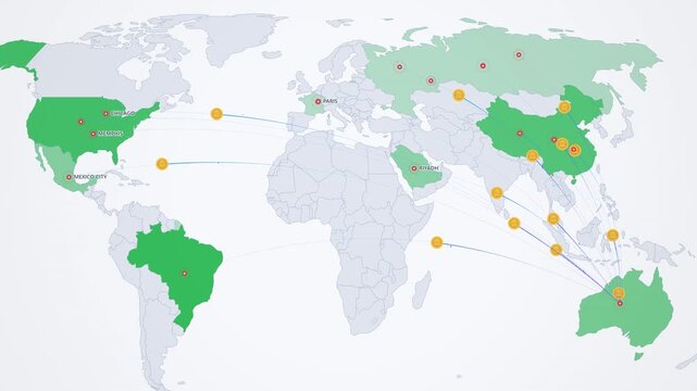 Money Flow from Australia to World on Light World Map, Animated Finance Distribution Motion Graphics Seamless Loop, 4K