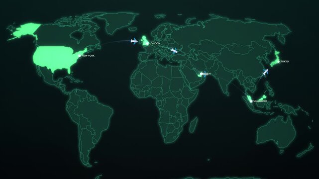 Airplane Flight Routes on Dark Green World Map, New York London Dubai Singapore Tokyo Animated Travel Motion Graphics Seamless Loop, 4K