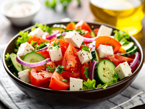 A fresh Greek salad with tomatoes, cucumbers, red onions, and feta cheese in a brown bowl. The salad is garnished with herbs and appears to be dressed with olive oil.
