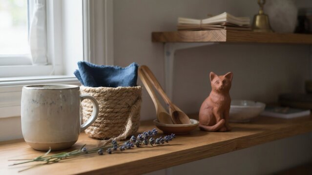 Rustic kitchen shelf decor with wooden shelf near window displaying ceramic mug small clay cat sculpture