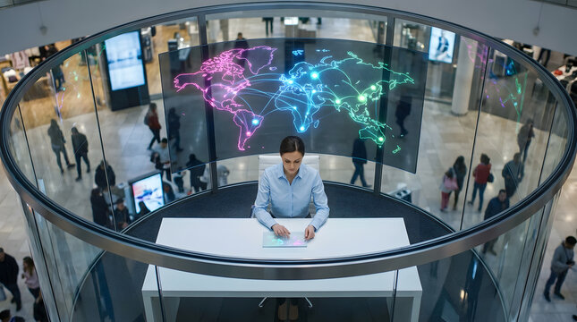Analyst monitors global logistics data on a holographic world map display while working inside a high-tech corporate observation deck illuminated by cool blue neon lights.