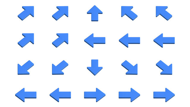 Collection of blue 3D directional arrows pointing in various directions