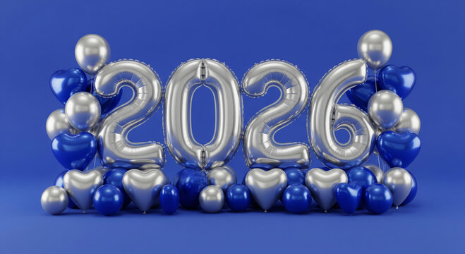 Festive New Year 2026 background featuring large metallic silver foil balloons displaying the year numbers surrounded by an arrangement of blue 