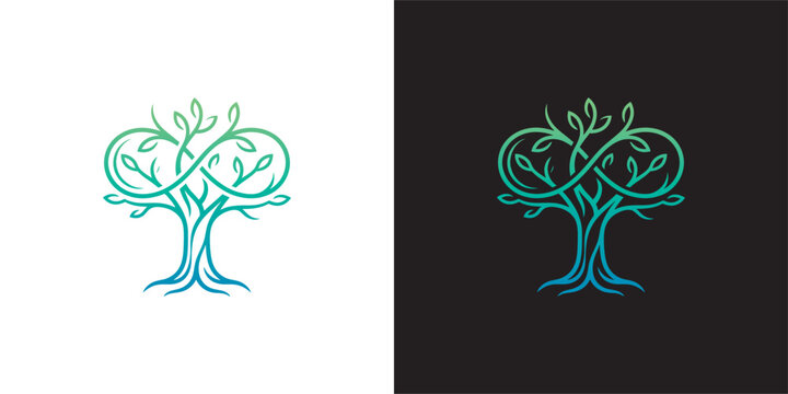 Vector logo illustration of a stylized tree combined with an infinity symbol representing eternal nature, growth, and life on white and black backgrounds
