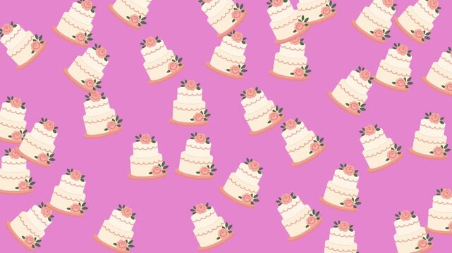Seamless pattern of tiered wedding cakes with pink roses on a vibrant pink background illustration