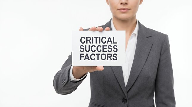A business person holding a card with text CRITICAL SUCCESS FACTORS on a white background representing business strategy business holding text card critical success factors white background business